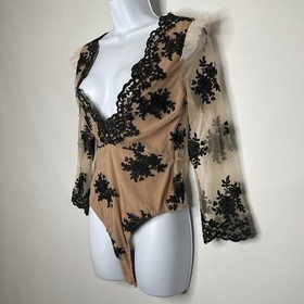For Love And Lemons Skivvies Amber Bodysuit Size M Scallop Edge Lace Illusion