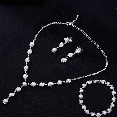 Bride Wedding Jewelry Sets Simple Crystal Necklace Earrings Bracelets Sets RT
