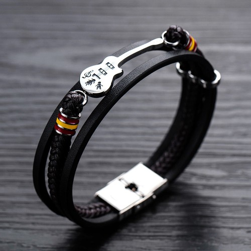 Men Guitar Braided Leather Charm Bracelet Magnet Clasp Punk Boys Rope Bangle HOT