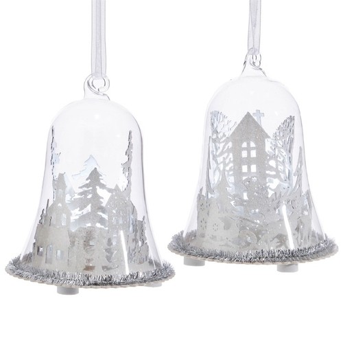 RAZ Import~4.5/" Lighted Winter Scene Glass Dome Silhouette Cloche Ornament~Set 2