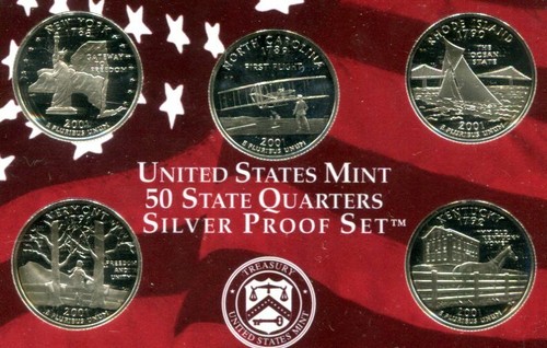 Free shipping! 2001 5-piece SILVER STATE QUARTER Proof Set