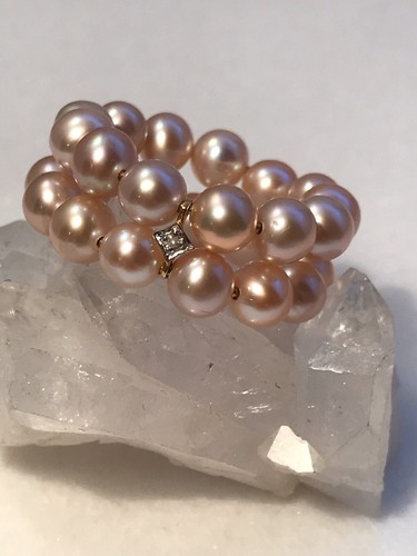 DIAMOND AND 14K YELLOW GOLD RING Details about / DOUBLE ROW PINK CULTURED PEARL Size 8