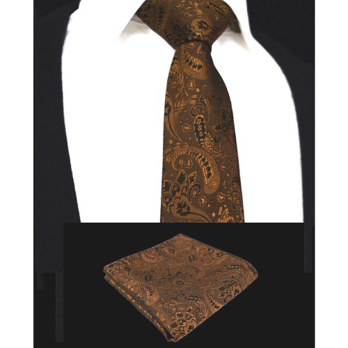 Herren Braun Bronze Geblümte Krawatte Seide Satz Paisley Einstecktuch