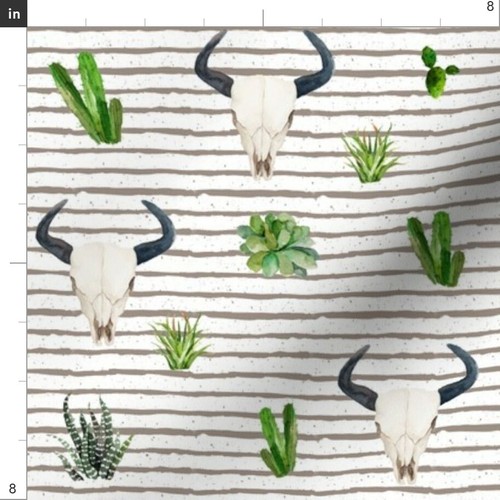 Boho Striped Skull Cactus Brown Green Stripes Fabric Printed by Spoonflower BTY