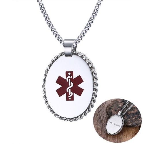 TYPE 1 DIABETES Unisex Medical Alert ID Pendant Necklace Chain Oval Tag Jewlery