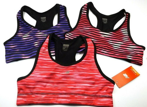 L 10//12 lotto di 3 New Balance Bambina Rosa Viola Strisce Sport Reggiseno Top Nuovo con etichette Dance