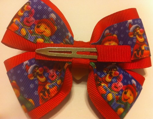 Girls Hair Bow 4/" Wide Winnie the Pooh Christmas Red Ribbon Alligator Clip