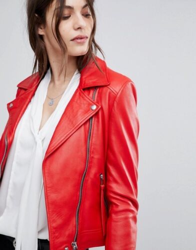 New Women Leather Jacket Red Slim Fit Biker Motorcycle lambskin Size S M L XL
