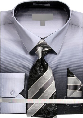 Men/'s Ombre Chambray Dress Shirt with Tie and Handkerchief