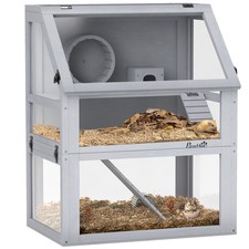 PawHut Wooden Hamster Cage w/ Detachable Bottom, Hut, Seesaw, Light Grey