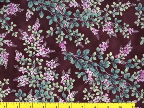 Hot Pink Flowers w// Leafy Branches on Brown Quilting Fabric by Yard #697