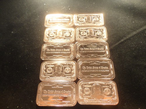 10 COPPER BAR 1 OUNCE BAR-BANKNOTE $1000 GROVER CLEVELAND DESIGN LOT OF