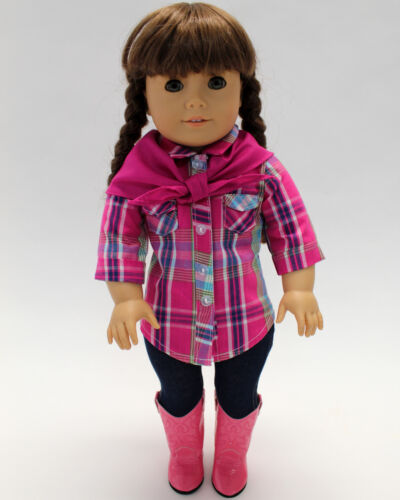 18 Inch Doll Clothes Hot Pink /& Teal Plaid Blouse Jeggings /& Bandana
