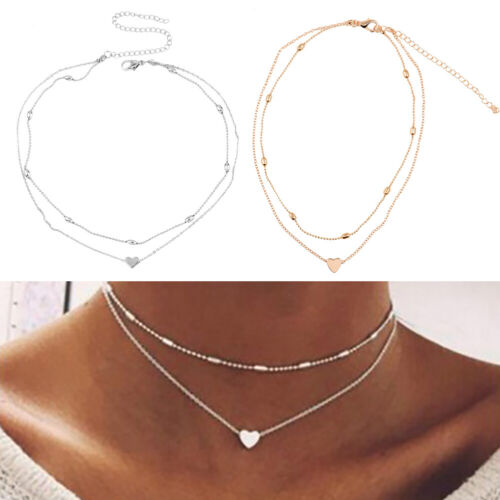 Women Fashion Crystal Multi-Layer Heart Necklace Pendant Jewelry Chain Gift US 