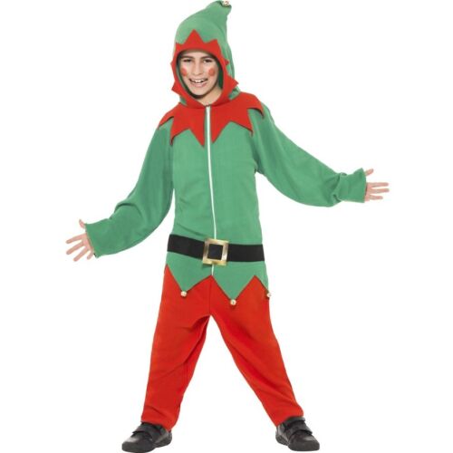Boys Elf Costume Jumpsuit Childrens Kids Green Red Christmas Jump Suit M Medium