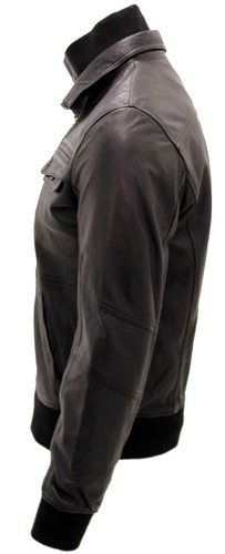 Men’s Casual Black Leather Biker Jacket with Inner Funnel Neck Collar