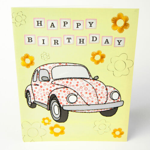 HAPPY BIRTHDAY GREETINGS CARD Beetle Car #036 CS05 Modern Lovely Embroidered