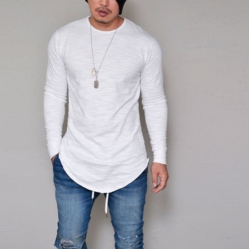 UK Mens Shirts Tee Pullover Crew neck Curved Hem Casual Long Sleeve Slim Fit Top