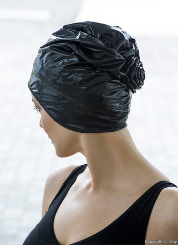 Ladies Fashy Swimming Hat Black PVC Rose Vintage Style One Size Good Easy Fit