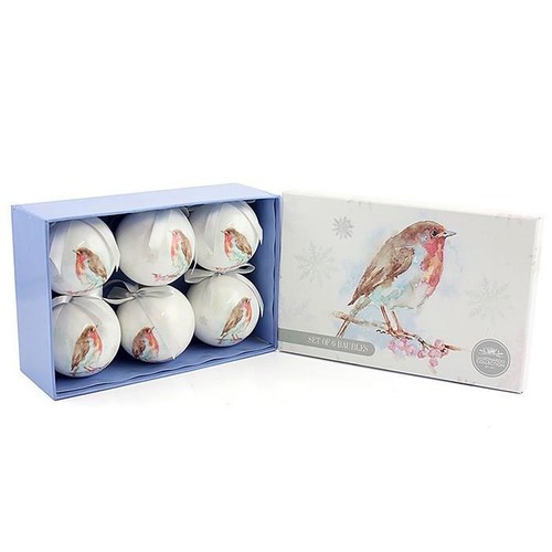 Set of 6 Christmas Tree Bauble Decorations Winter Robin Santa Snowmen GIFT BOXED