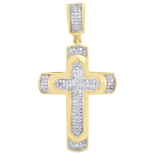 10K Yellow Gold Diamond Cross Dome Pendant 1.45/" Men/'s Tier Pave Charm 1//4 CT
