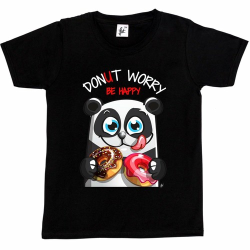 Girls T-Shirt Donut Worry Be Happy Smiling Panda With Doughnuts Kids Boys