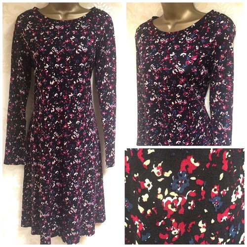 NEW EX M/&S BLACK WHITE PLUM BLUE ABSTRACT FLORAL TEA DRESS SIZE 8-20
