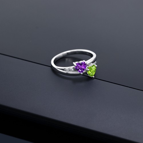 0.98 Ct Heart Shape Amethyst Peridot 925 Sterling Silver Lab Grown Diamond Ring