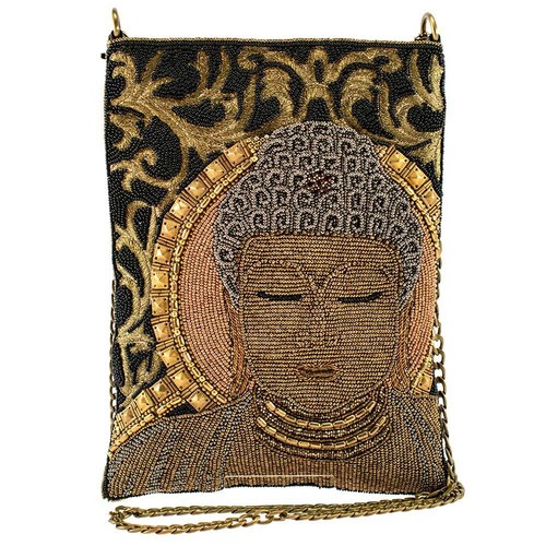 Mary Frances Dharma Black Gold Beaded Buddha Crossbody Handbag Clutch Bag New