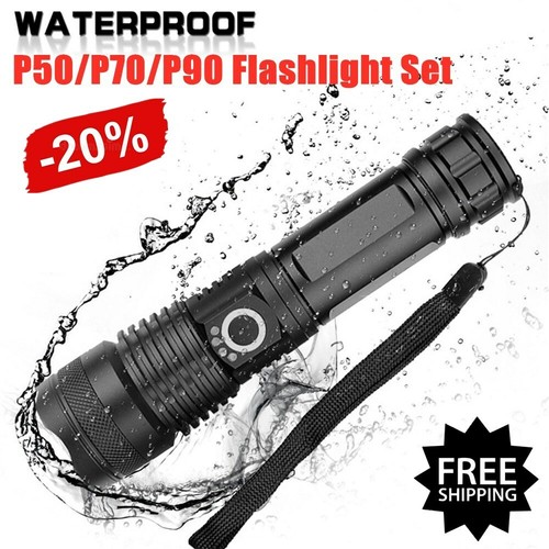 XHP50//70//90 Bright Flashlight Rechargeable Battery USB Charging Zoom Torch Set