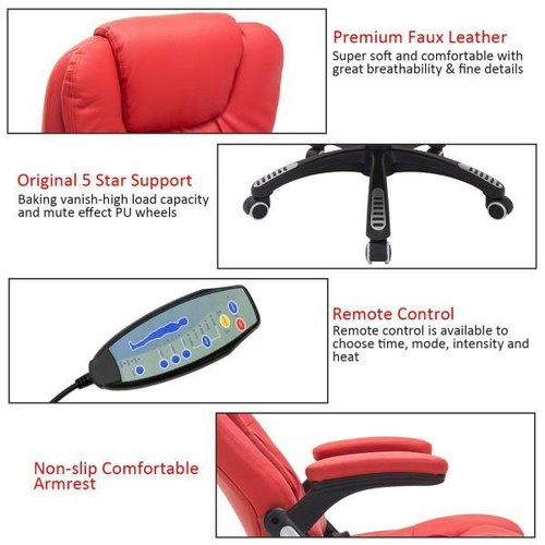 Red Massage Office Chair Wheels High Back PU Leather Recliner Executive Gaming