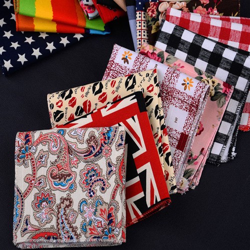 Men Linen Cotton Pocket Square Handkerchief Hanky Stripe Floral Stars Paisley