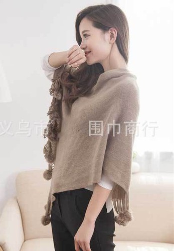Ladies Poncho Stole Cape Shrug Wrap Shawl Jacket Jumper Sweater Top Pom Pom 8-18