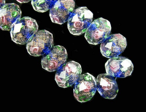 8mm Rondelle Glass Crystal Jewelry Rose Flower Inside Lampwork Loose Beads #G