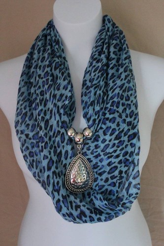 US Seller NEW Womens Necklace Scarf Infinity Loop Blue Leopard Teardrop Pendant