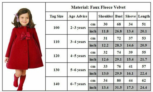 UK Kids Baby Girls Winter Warm Jacket Outwear Faux Fleece Velvet Bow Trench Coat