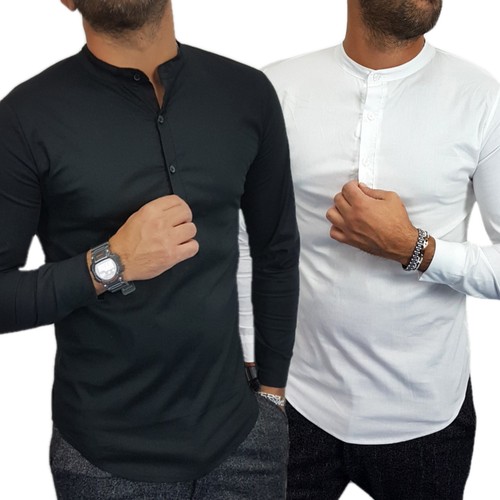 Camicia Uomo Coreana Manica Lunga cotone Bianco Nero slim Italy s,m,l,xl,xxl b13
