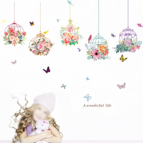 Wall Sticker Waterproof Colourful Flower Bird Cage Butterfly Practical