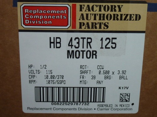 NEW Carrier // Genteq RPM 1075//5SPD 1//2 HP Blower Motor 115V Volt HB43TR125