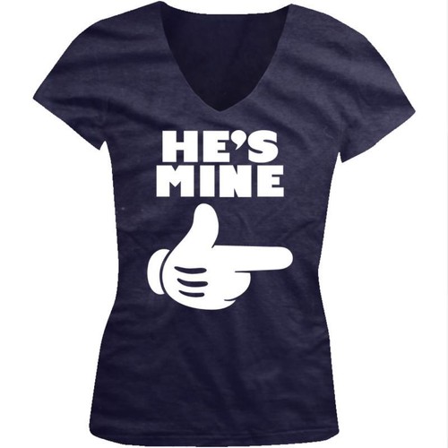 Cartoon Hand Pointing Left He/'s Mine Boyfriend Husband Juniors V-neck T-shirt