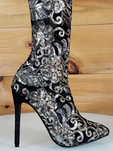 Beverly Black Velvet Floral Gold Embroidered Silver Sequined OTK High Heel Boots