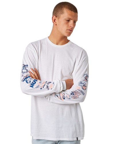 HUF WORLDWIDE Men/'s Collage L//S Men/'s Tee Long Sleeve Cotton Soft White T-Shirt