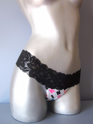 New In Bag Victorias Secret PINK White Mulit Font Lace Trimmed o Thong Panty S M