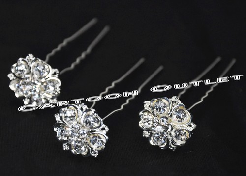 3 RHINESTONE ALLOY FLOWER WEDDING HAIR PIN SET HAIR CLIPS BRIDAL QUINCEANERA NEW