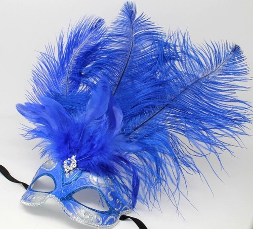 BLUE AND SILVER FEATHER MASK VENETIAN MASQUERADE BALL CARNIVAL PARTY EYE MASK