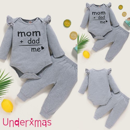 Newborn Baby Boy Girl 2Pcs Outfit Letter Print Romper Bodysuit Pants Set Clothes