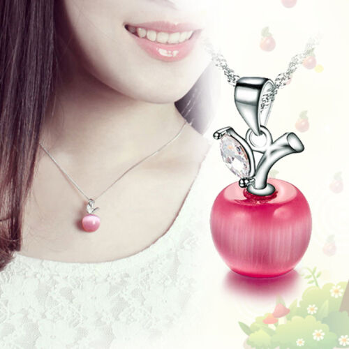 Fashion Womens Silver Plated Charming Small Apple Opal Pendant Necklace 6 Colors
