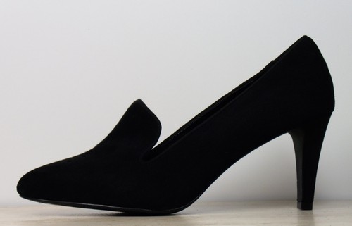 M/&S Real SUEDE High Front STILETTO Heel COURT SHOES ~ Size 7 WIDE ~ Black