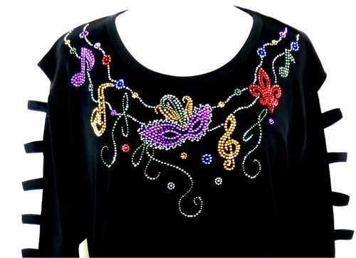 PLUS 1X Hand Embellished Mardi Gras Colorful Mask Fleur De Lis Music Tunic Top