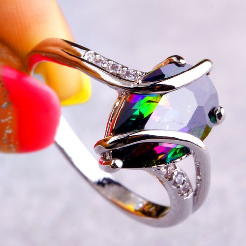 Beauty Art Deco Rainbow /& White Topaz Gemstone Silver Jewelry Ring Sz L N P R T